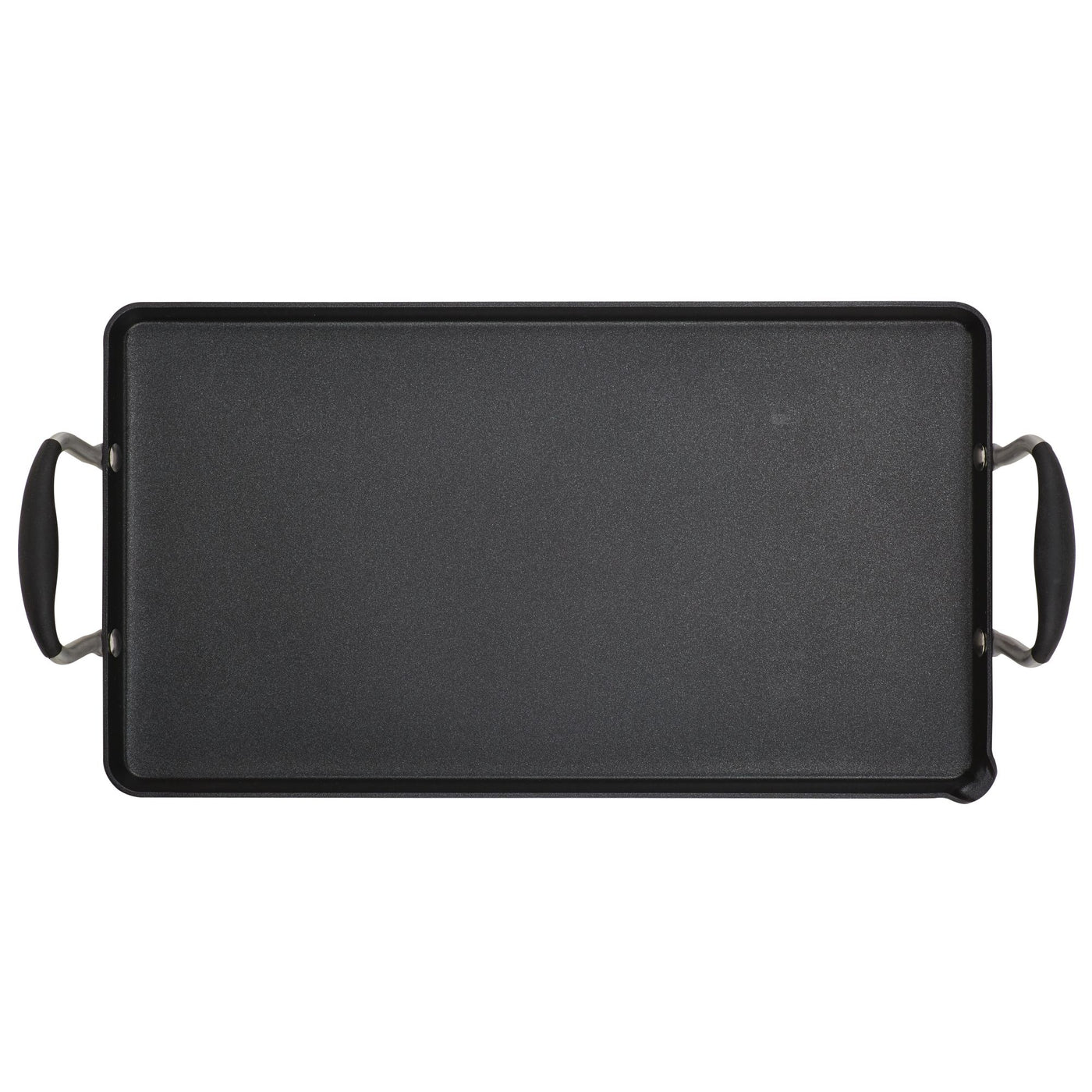 The Advanced Home 10 x 18-Inch Double Burner Griddle with Multi-Purpose Rack features a flat nonstick surface and two curved SureGrip handles. Shown from above on a white background, it’s ideal for comfortable, controlled cooking.