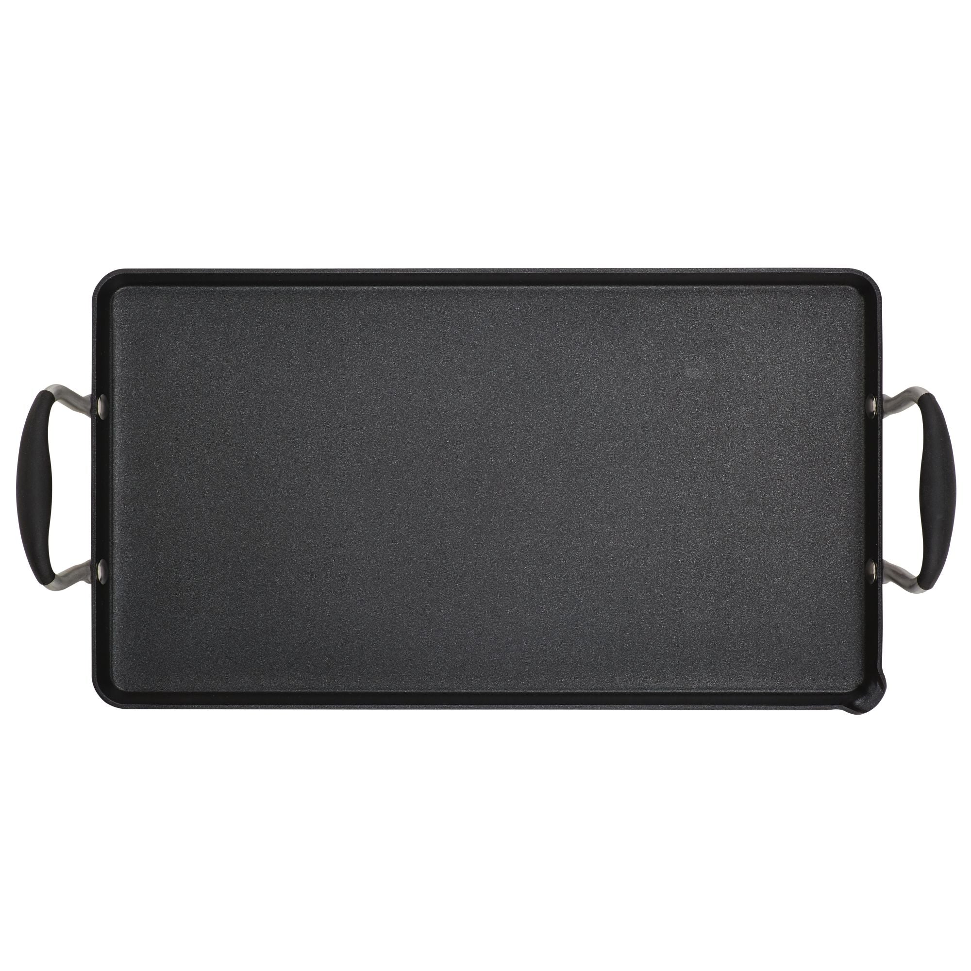 The Advanced Home 10 x 18-Inch Double Burner Griddle with Multi-Purpose Rack features a flat nonstick surface and two curved SureGrip handles. Shown from above on a white background, it’s ideal for comfortable, controlled cooking.