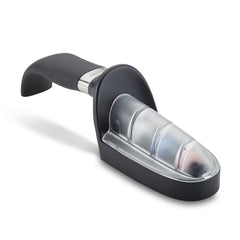 Introducing the AlwaysSharp Universal Knife Sharpener by Cutlery: a stylish black design with a curved handle and three ceramic whetstone sharpening slots. The stable base ensures reliable sharpening, while an elegant metallic accent near the slots enhances its sophisticated look.