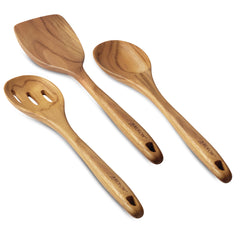 Introducing the 3-Piece Teak Tool Set by Tools and Gadgets, beautifully arranged on a white background. This set includes a spatula, a slotted spoon, and a regular spoon, each showcasing the stunning natural grain pattern of teak wood. Designed with small holes at the end of their handles, these tools are perfect companions for your nonstick cookware.