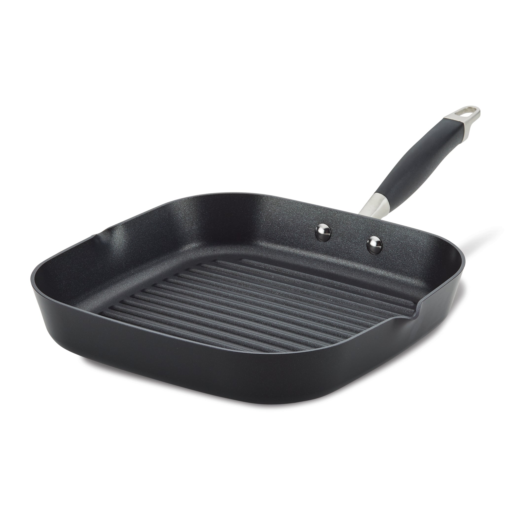An 11-Inch Deep Square Grill Pan by Advanced Home featuring a black, nonstick ridged cooking surface and a metallic handle with a black grip. The pan's high sides make it ideal for stovetop use.