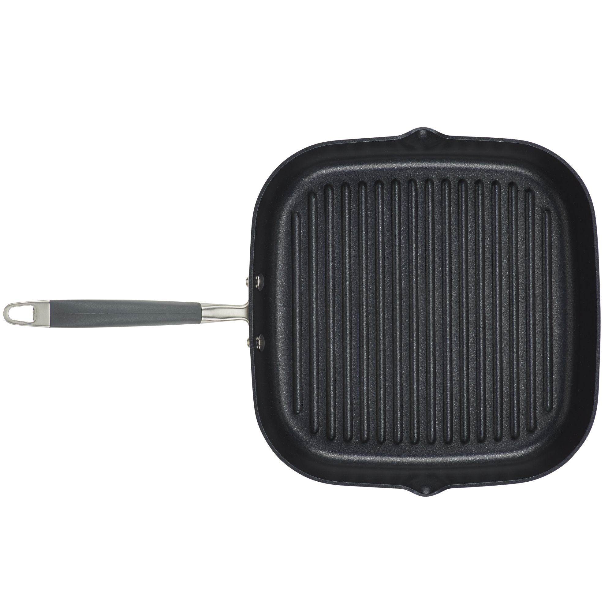 The 11-Inch Deep Square Grill Pan by Advanced Home features a nonstick, ridged cooking surface in black, displayed against a white background. It has a metallic handle with a black grip.