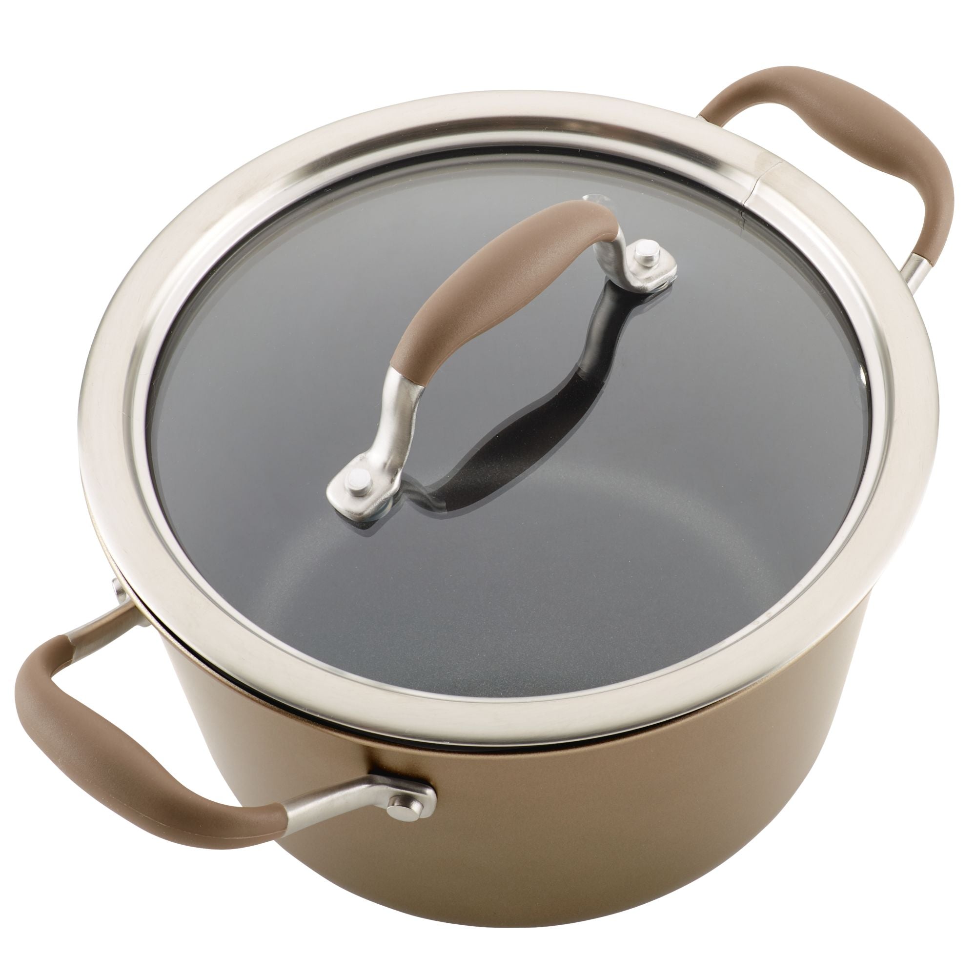 The Advanced Home 4.5-Quart Tapered Saucepot is designed with a round, brown exterior, featuring a nonstick interior and a glass lid with a stainless steel rim. It comes with brown handles, including two side handles for easy lifting, making it ideal for gourmet sauce-making. The clear lid allows you to effortlessly monitor your culinary creations.