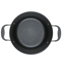 Top view of the Advanced Home 4.5-Quart Tapered Saucepot, showcasing a nonstick dark interior and two gray handles on either side, ideal for gourmet sauce-making.