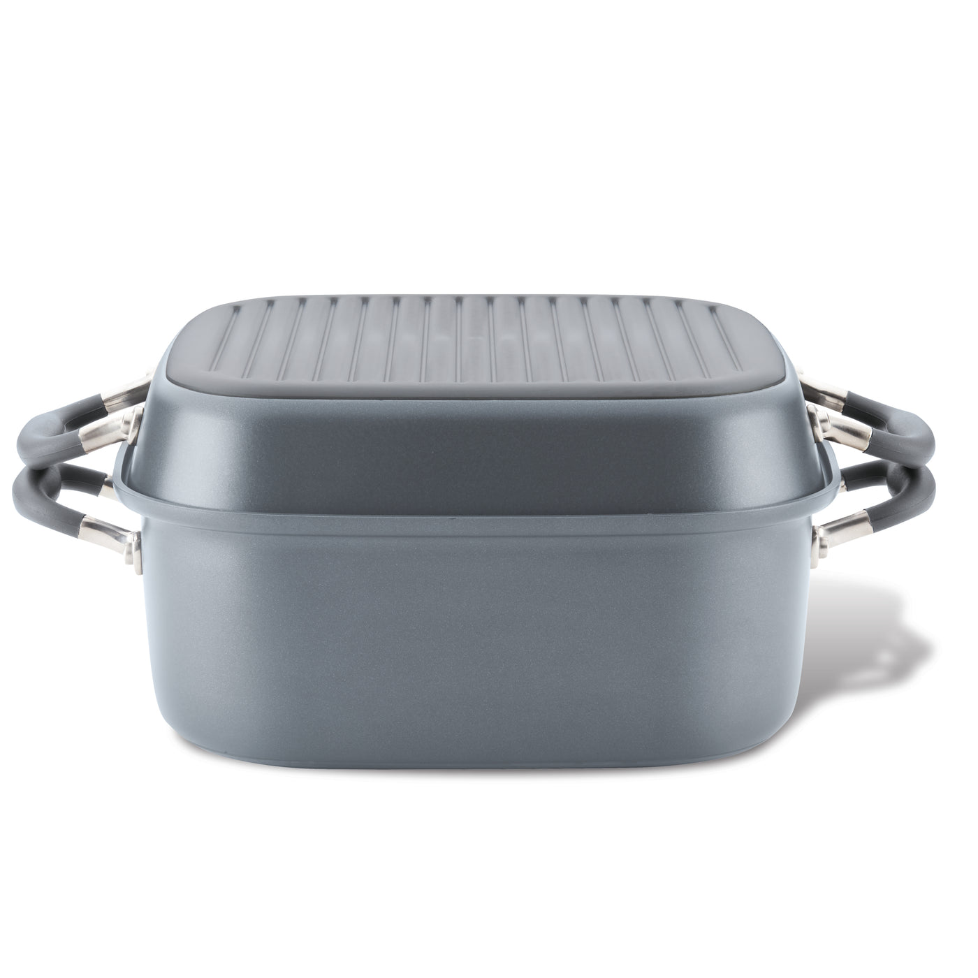 The Square Two Step Meal Set by Advanced Home features a sleek, grey rectangular cooking pot with dual handles and a ribbed lid that delivers stellar nonstick performance. Set against a white background, this modern piece is stove-to-oven ready, making it an essential part of any combo cookware set.