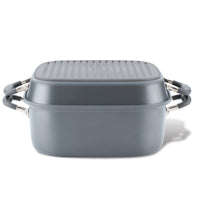The Square Two Step Meal Set by Advanced Home features a sleek, grey rectangular cooking pot with dual handles and a ribbed lid that delivers stellar nonstick performance. Set against a white background, this modern piece is stove-to-oven ready, making it an essential part of any combo cookware set.
