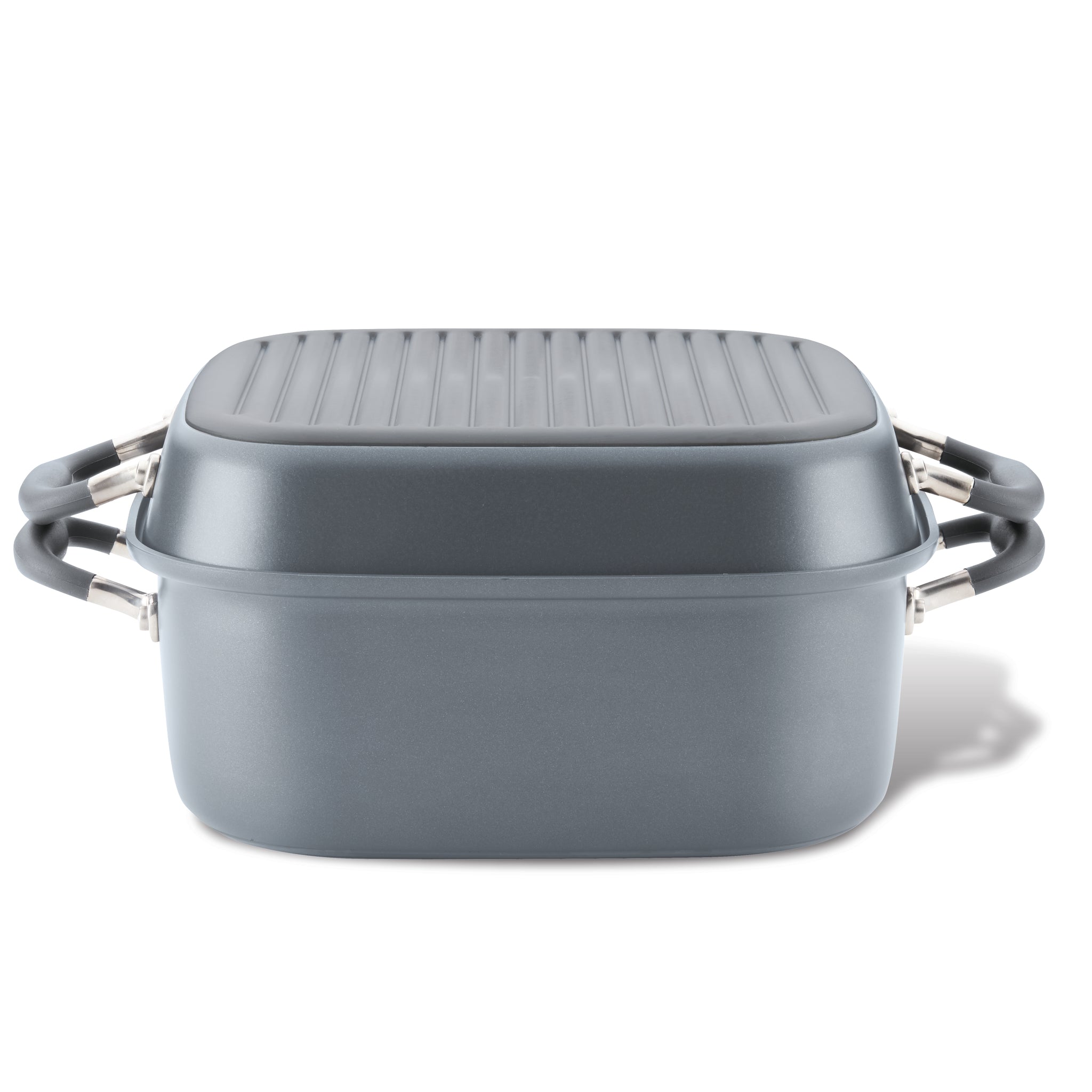 The Square Two Step Meal Set by Advanced Home features a sleek, grey rectangular cooking pot with dual handles and a ribbed lid that delivers stellar nonstick performance. Set against a white background, this modern piece is stove-to-oven ready, making it an essential part of any combo cookware set.