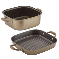 The Square Two Step Meal Set by Advanced Home includes a deep square pan and a square grill pan with raised ridges, both featuring exceptional gold-toned nonstick performance. This stylish combo cookware set boasts matching handles and is elegantly displayed side by side on a white background.