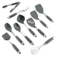 Introducing the 10-Piece SureGrip Utensil Set by Tools and Gadgets: a collection of kitchen utensils featuring black handles, perfect for nonstick cookware. This set includes heat-resistant nylon tongs, a fork, spatulas, spoons, and a whisk. All items are arranged on a white background and are conveniently dishwasher safe.