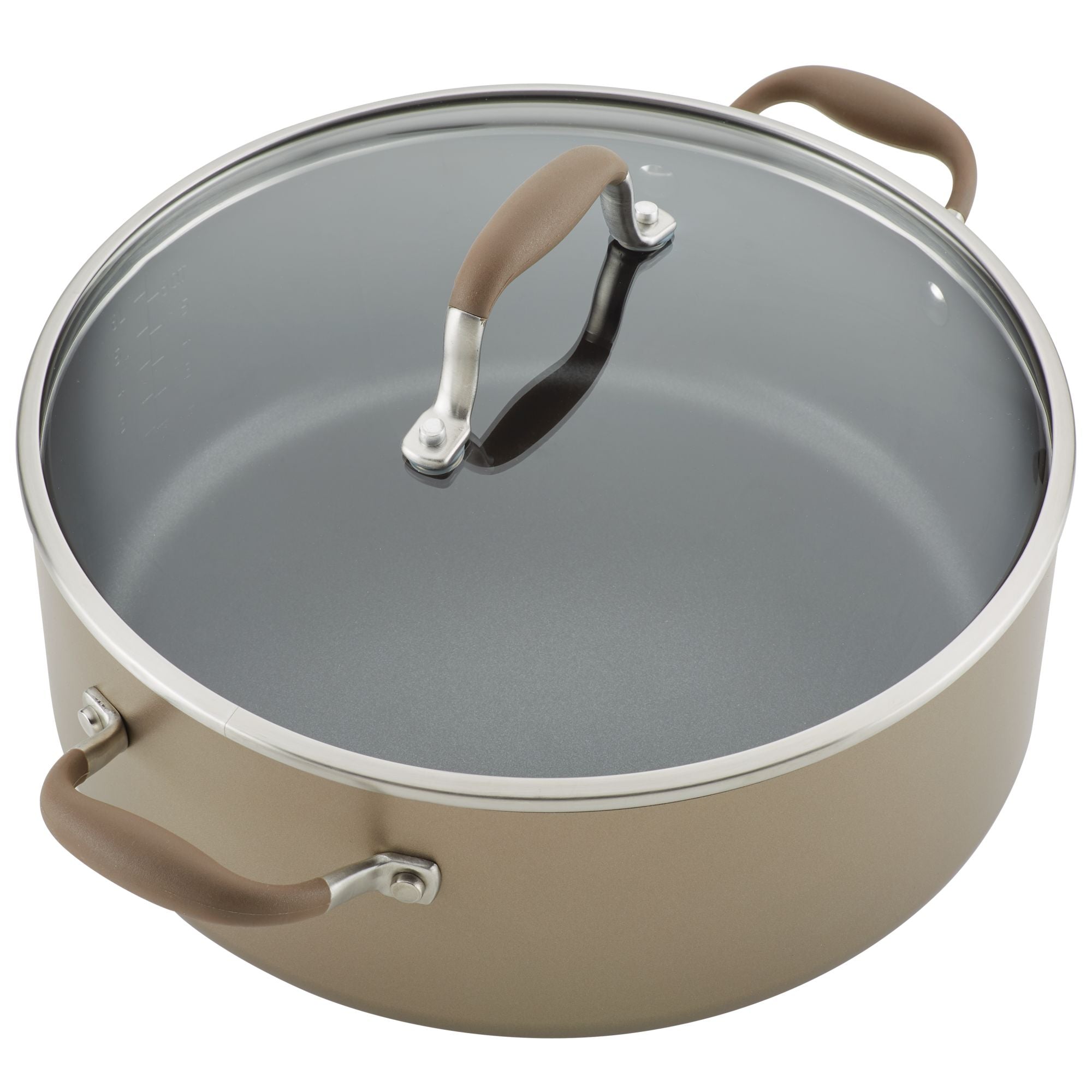 The 7.5-Quart Stockpot from Advanced Home is a large, round, nonstick wide pot with a glass lid. It features two brown rubber handles on each side for easy handling and comes in metallic gray to ensure superior heat distribution. The lid also has a metallic handle with the same brown rubber grip for added convenience.
