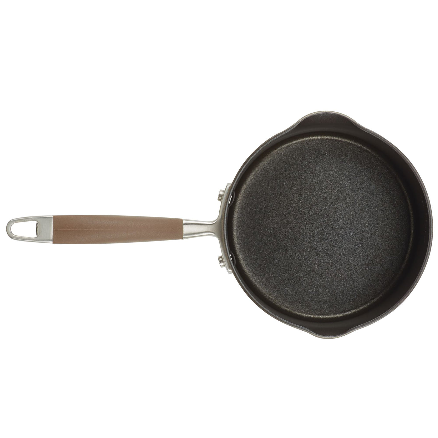 Presenting the 2-Quart Straining Saucepan by Advanced Home: This top-view image showcases a compact, black, nonstick saucepan with hard-anodized durability. It features a brown handle fastened with rivets and ending in a metal loop for easy storage. The saucepan includes two small spouts on opposite sides, perfect for straining and pouring efficiently.
