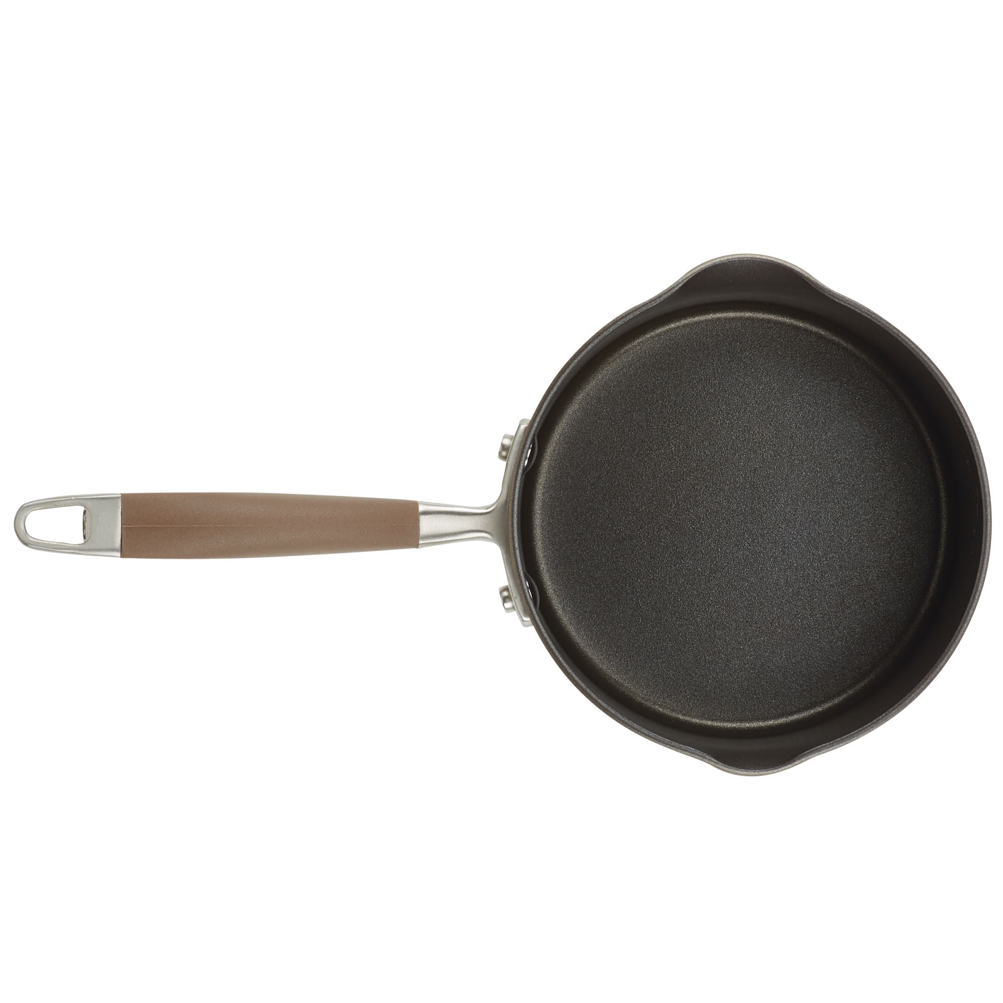 Presenting the 2-Quart Straining Saucepan by Advanced Home: This top-view image showcases a compact, black, nonstick saucepan with hard-anodized durability. It features a brown handle fastened with rivets and ending in a metal loop for easy storage. The saucepan includes two small spouts on opposite sides, perfect for straining and pouring efficiently.