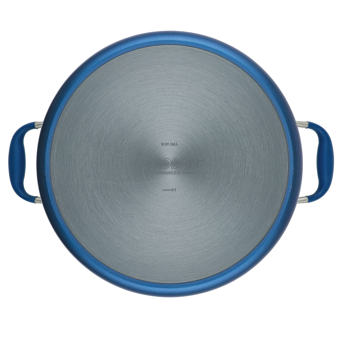 Top view of a circular metal lid crafted by Advanced Home for the 10-Quart Stockpot, featuring blue handles on each side. The lid has a brushed metal finish with text inscribed in the center, ensuring even heat distribution for optimal cooking.