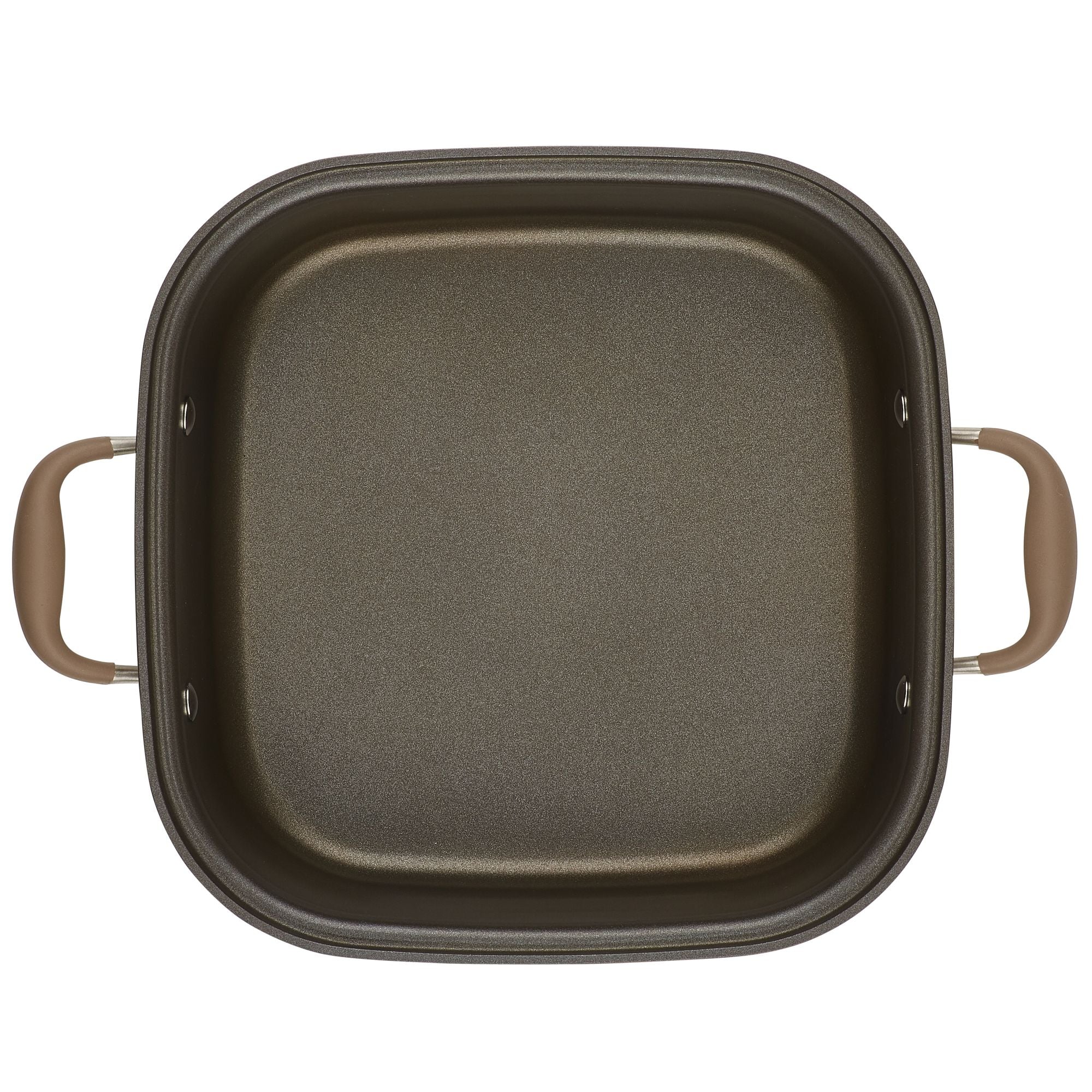 Introducing the Square Two Step Meal Set from Advanced Home. This square non-stick frying pan boasts exceptional nonstick performance and features stylish brown handles on each side. Its interior showcases a dark, smooth surface that perfectly complements the lighter brown handles, making it an ideal addition to any kitchen. Displayed against a white background, this pan is both functional and visually appealing.