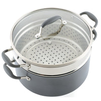 The Advanced Home 8.5-Quart Wide Stockpot with Multi-Function Insert is a stylish gray cookware set that comes with a nonstick stockpot featuring a transparent glass lid and a stainless steel steamer insert. Soft-grip handles provide easy handling, while the perforated steamer ensures effective steaming for all your culinary creations.