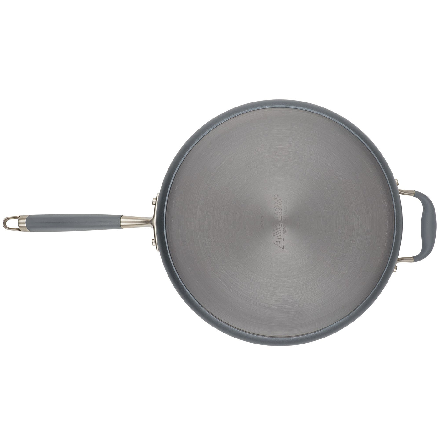 Top view of Advanced Home's 5-Quart Sauté Pan with Helper Handle, showcasing its gray non-stick surface. The pan is highlighted by its circular brushed finish and features a main handle and a helper handle. It sits against a white background, and the sleek design is complemented by a glass lid that enhances both functionality and style.