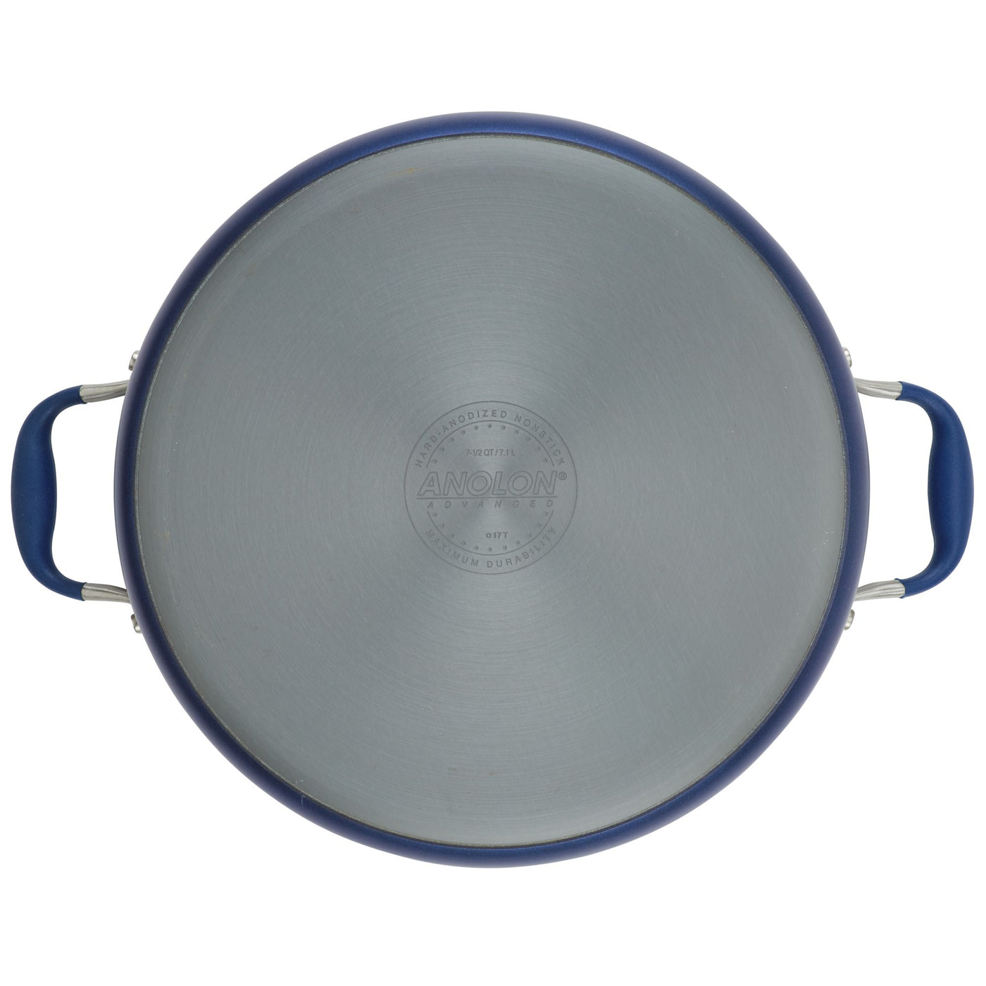 Top view of an Advanced Home 7.5-Quart Stockpot lid with blue handles, designed for optimal heat distribution. The circular lid features a brushed stainless steel finish and a central embossed logo, with the handles elegantly attached on opposite sides, perfectly complementing your wide stockpot.