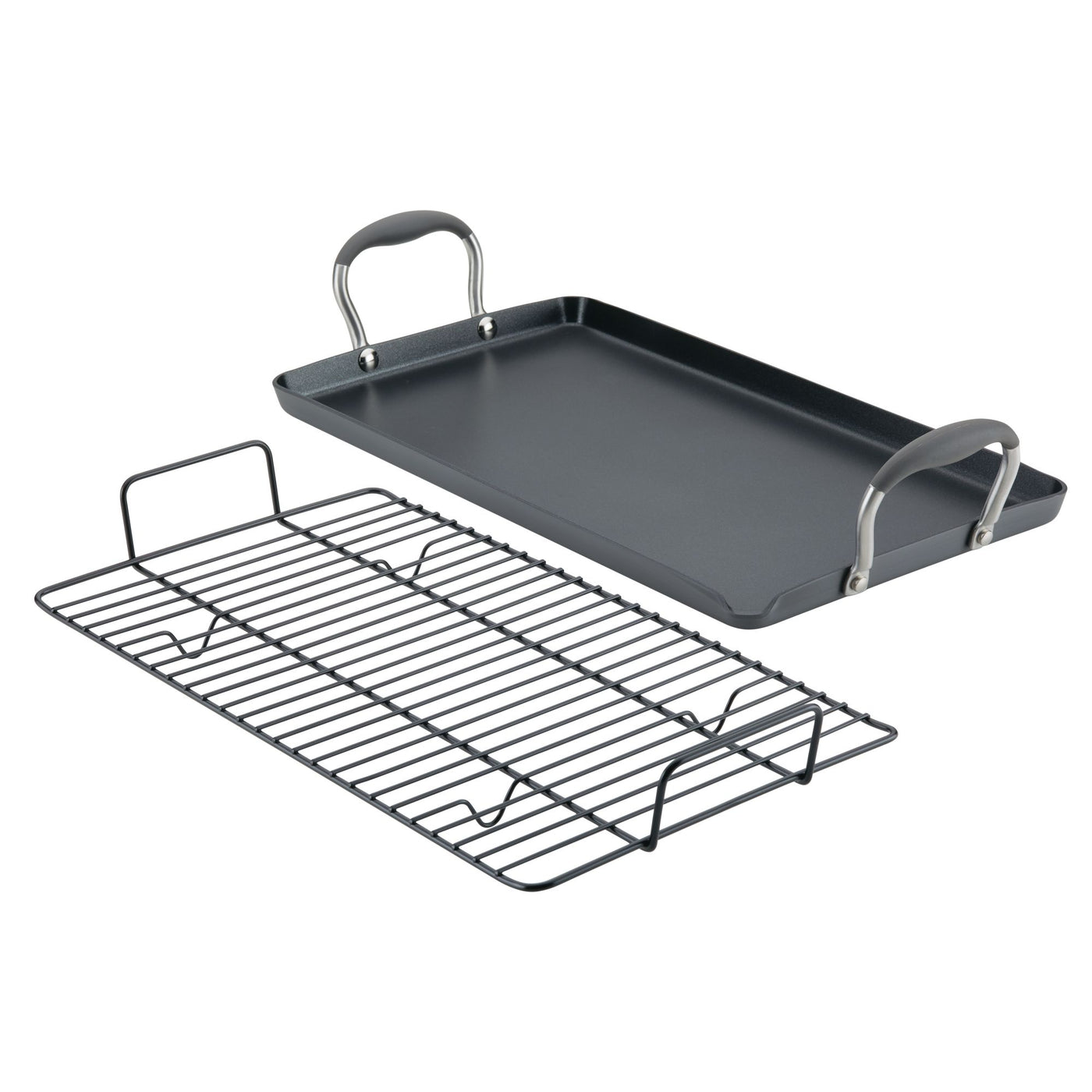 The Advanced Home 10 x 18-Inch Double Burner Griddle comes with a matching multi-purpose rack that fits inside the griddle, supporting food above its surface for versatile cooking. Both pieces feature a sleek black design.