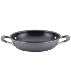 This nonstick frying pan, from the Round Two Step Meal Set by Advanced Home, comes with two black handles and is made from a hard-anodized gray speckled material. Its flat bottom and gently curved sides make it ideal for stovetop cooking.