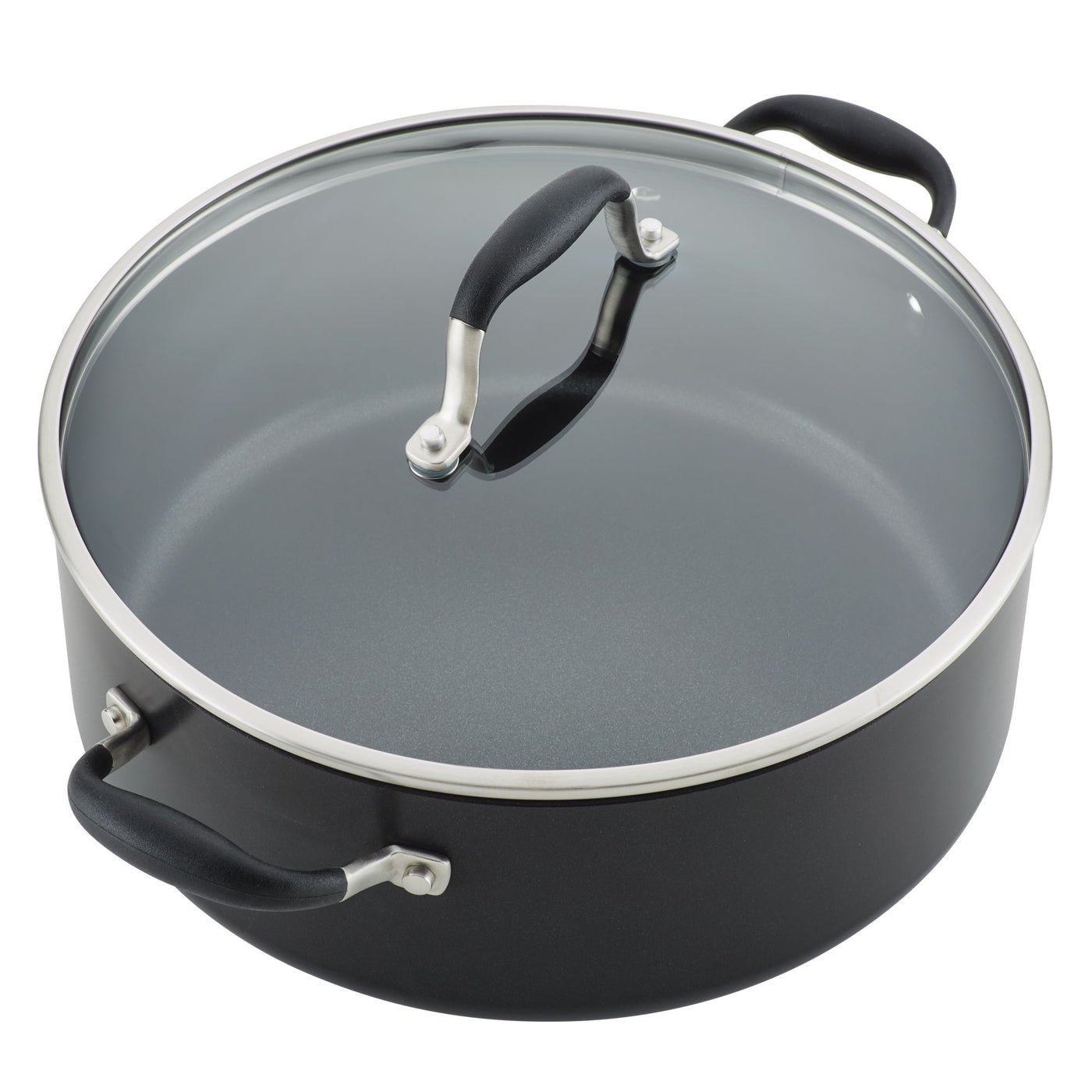 The 7.5-Quart Stockpot by Advanced Home is a wide, black, nonstick pot that offers excellent heat distribution and comes with a glass lid. It features two sleek handles on the sides along with a matching handle on the lid.