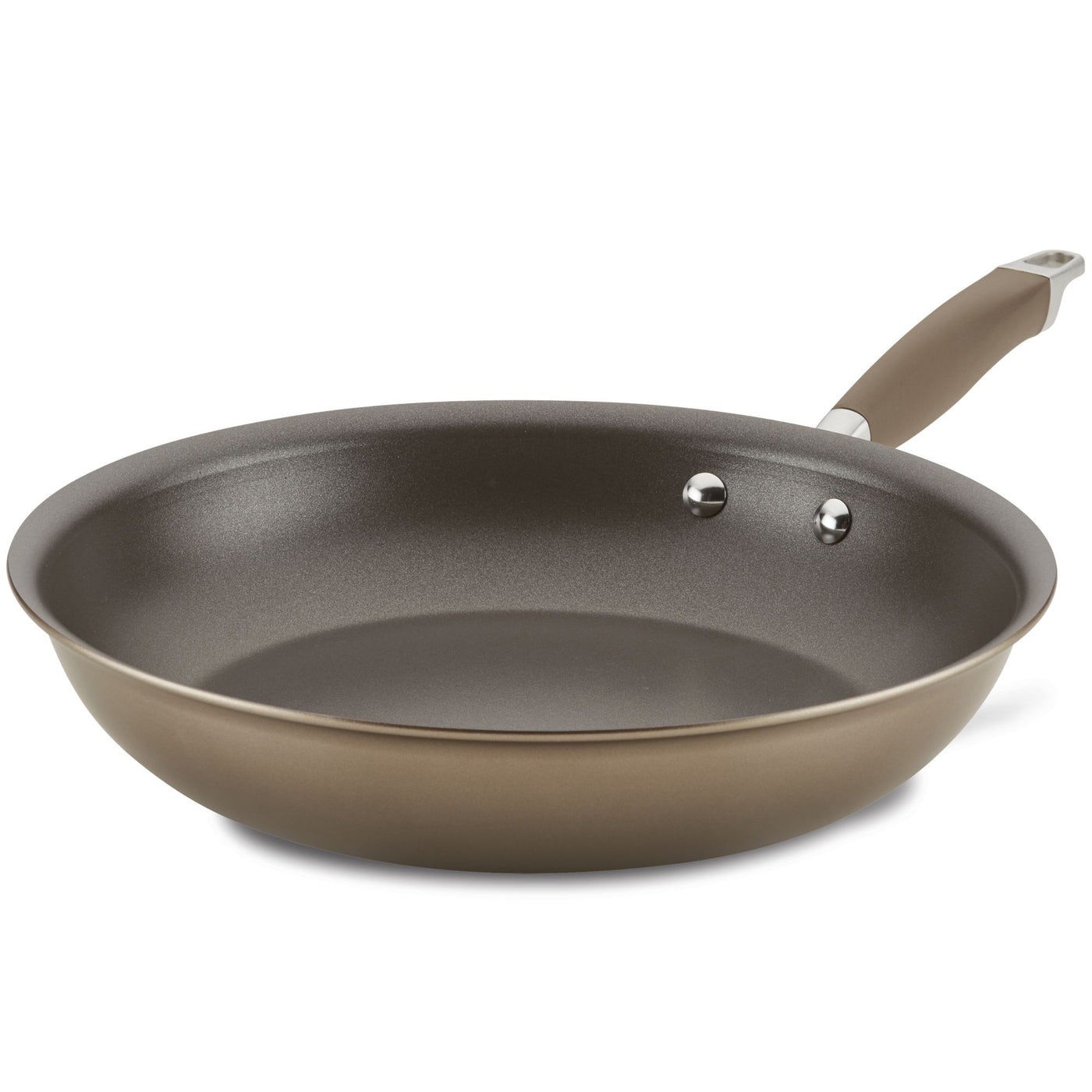 The Advanced Home Frying Pan boasts a brown exterior and gray interior, complemented by a long handle securely attached with two rivets. This stylish and functional nonstick skillet is showcased against a simple white background.