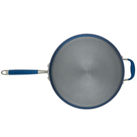 Top view of the Advanced Home 5-Quart Sauté Pan with a blue handle on a white background. The gray interior has a smooth, nonstick finish, and there's a helper handle opposite the main handle.