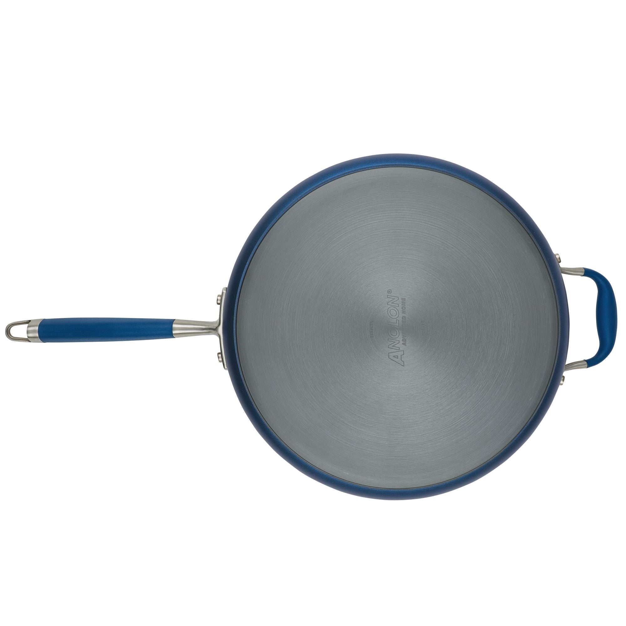 Top view of the Advanced Home 5-Quart Sauté Pan with a blue handle on a white background. The gray interior has a smooth, nonstick finish, and there's a helper handle opposite the main handle.