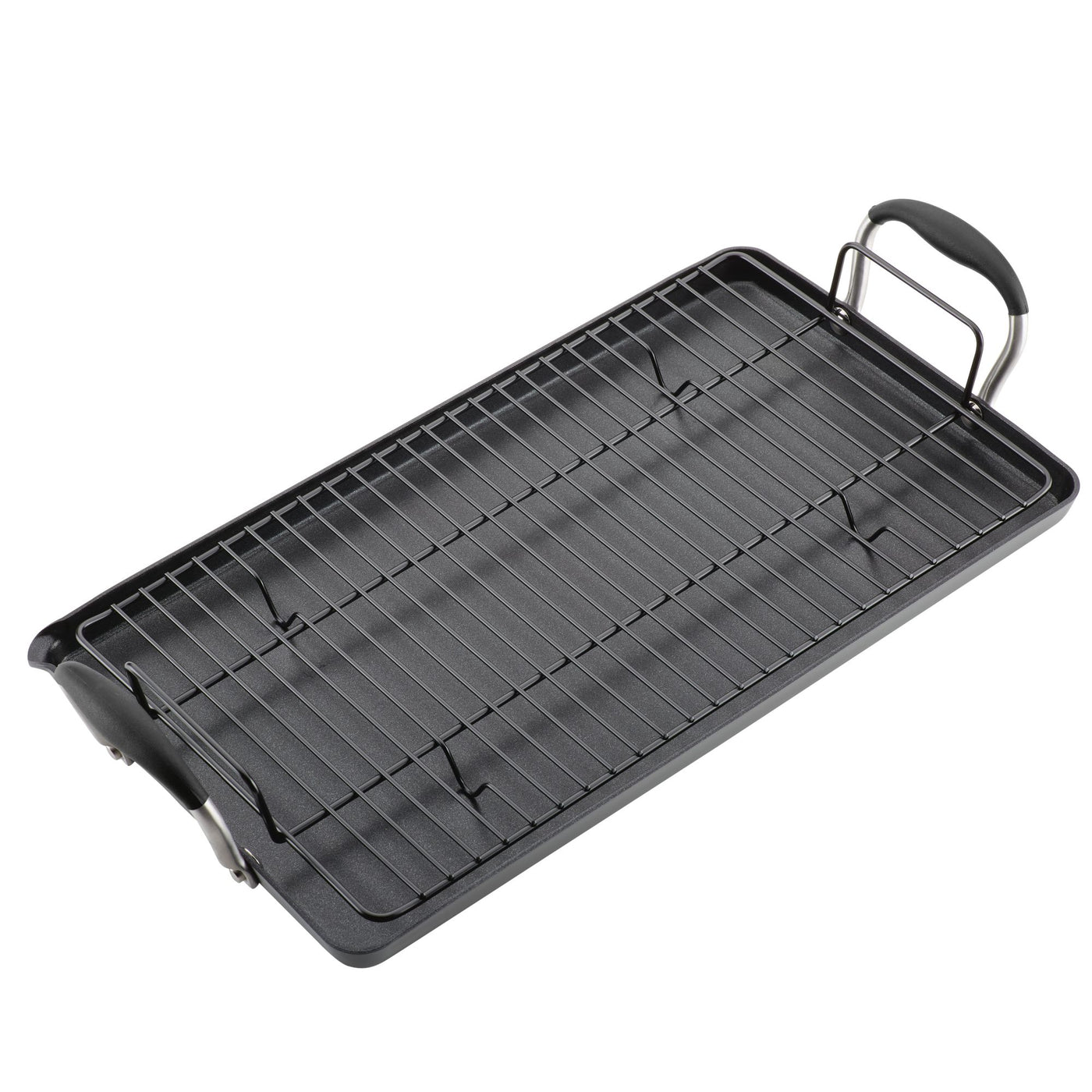 The Advanced Home 10 x 18-Inch Double Burner Griddle with Multi-Purpose Rack features a nonstick surface, SureGrip handle, and removable metal rack, displayed on a white background.