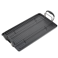 The Advanced Home 10 x 18-Inch Double Burner Griddle with Multi-Purpose Rack features a nonstick surface, SureGrip handle, and removable metal rack, displayed on a white background.