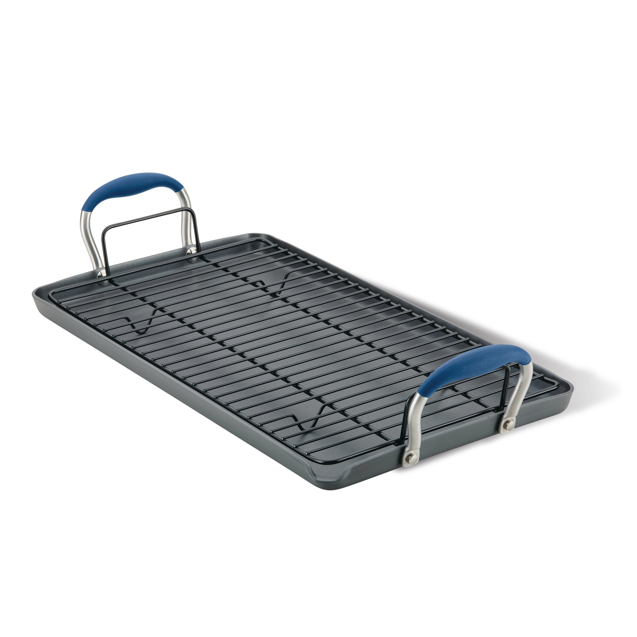 The Advanced Home 10 x 18-Inch Double Burner Griddle features a multi-purpose rack and two blue SureGrip handles, displayed on a white background.