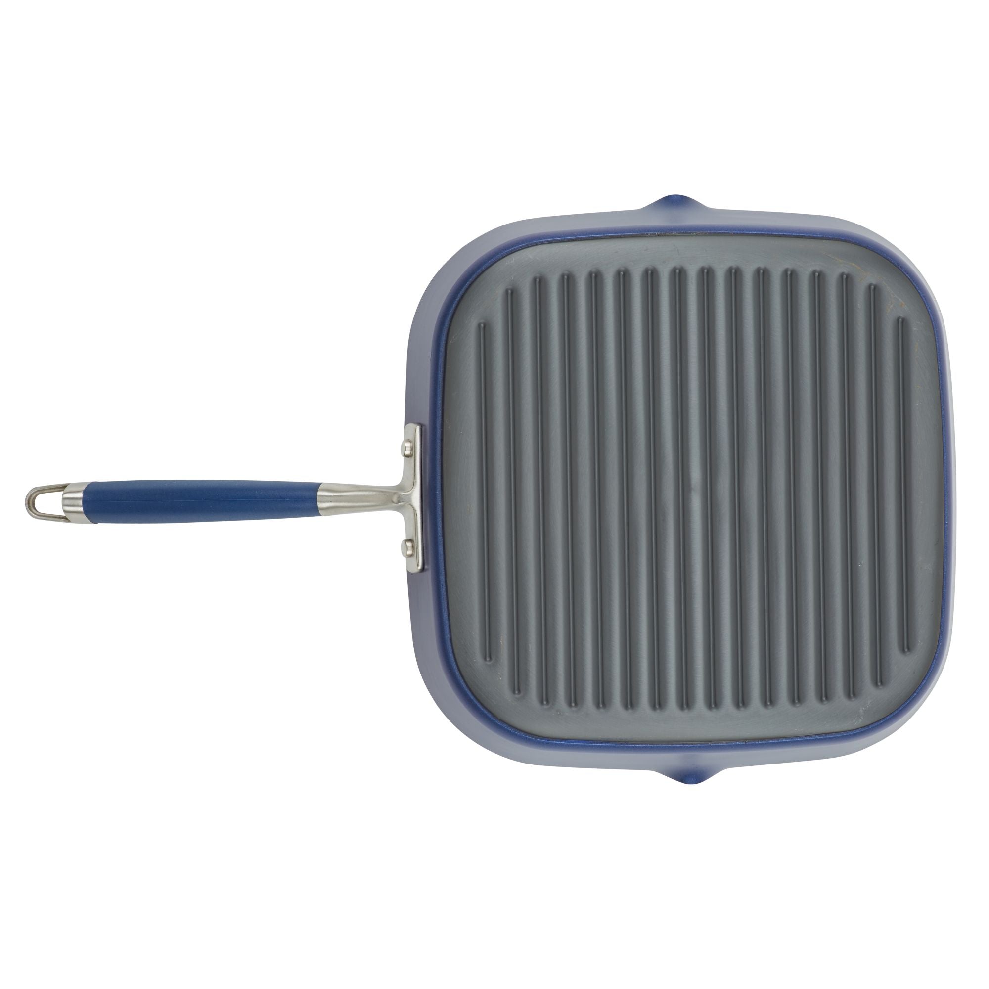 The 11-Inch Deep Square Grill Pan from Advanced Home boasts a ribbed cooking surface and a blue handle. The pan is shown from above, emphasizing its grey interior and modern design, making it ideal for grilling your favorite meals effortlessly.