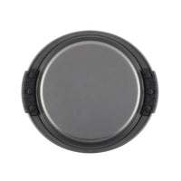 A round, grey springform baking pan featuring black clip handles on the sides from Advanced's 5-Piece Bakeware Set is elegantly displayed on a white background.