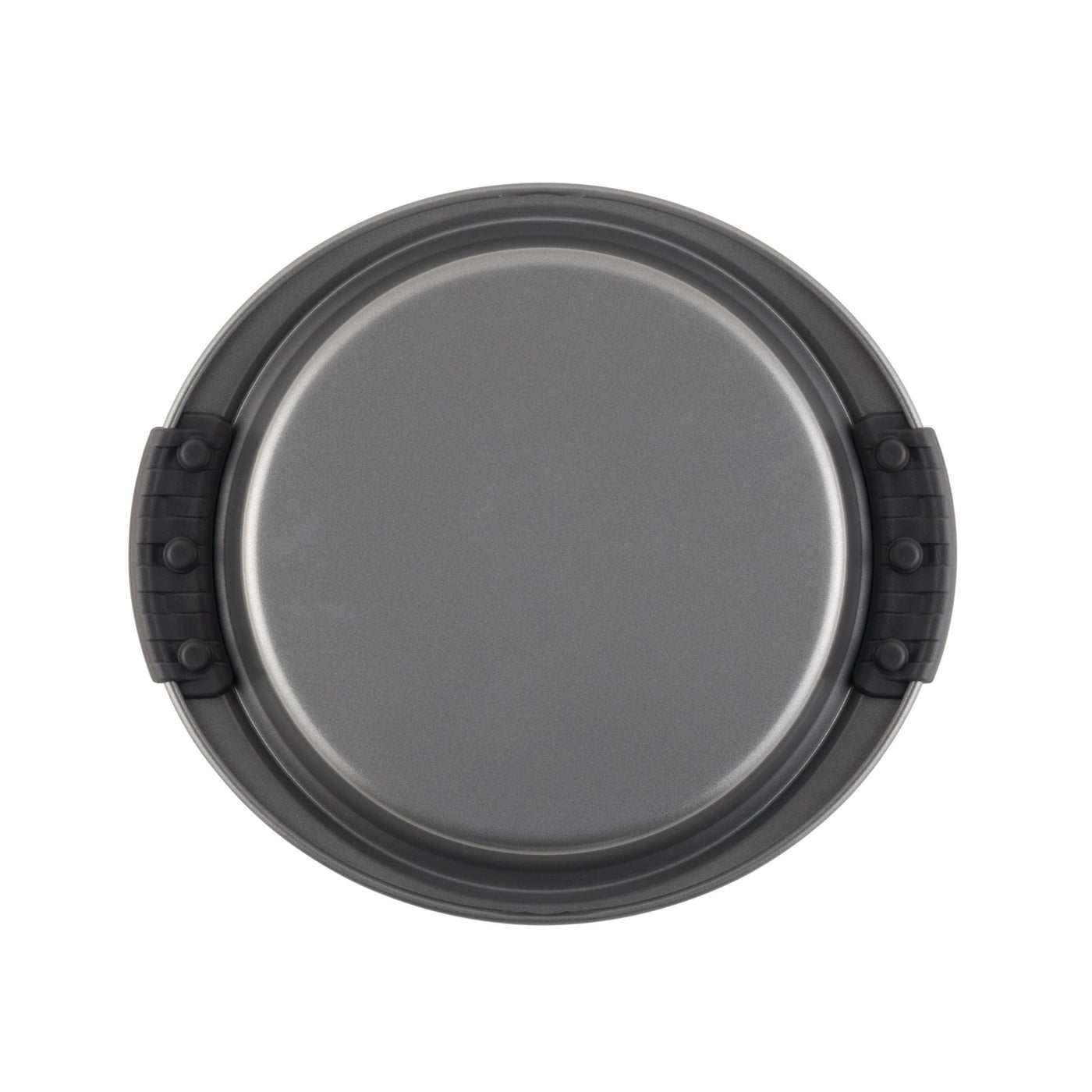 An overhead view of the Advanced 9-Inch Round Cake Pan with Silicone Grips reveals a gray nonstick baking surface and two black silicone grips on each side. The pan's smooth nonstick coating and slightly raised rim are ideal for creating even round cake layers, while its design ensures easy handling.
