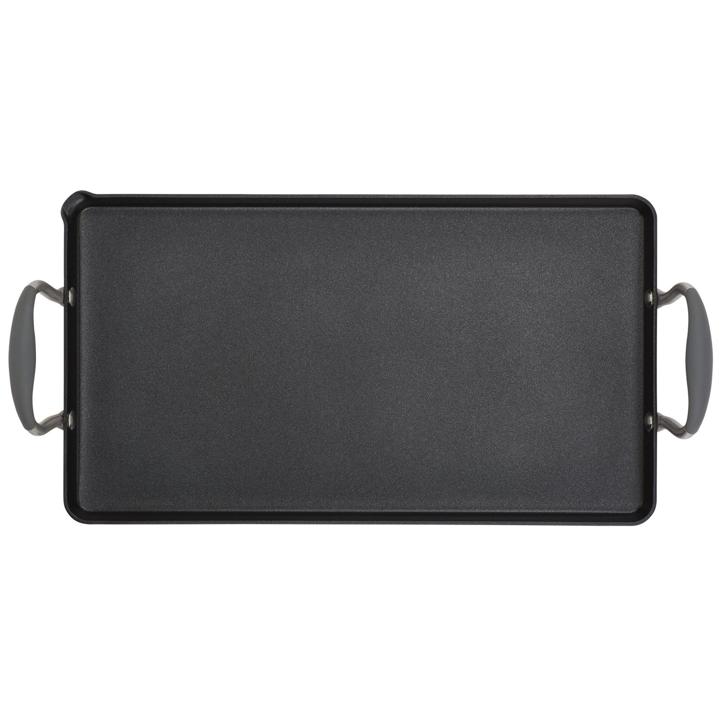 The Advanced Home 10 x 18-Inch Double Burner Griddle with Multi-Purpose Rack is a rectangular black nonstick griddle featuring SureGrip handles on both sides, shown from above against a white background.