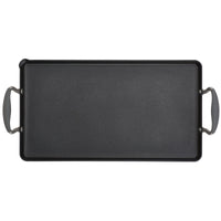 The Advanced Home 10 x 18-Inch Double Burner Griddle with Multi-Purpose Rack is a rectangular black nonstick griddle featuring SureGrip handles on both sides, shown from above against a white background.