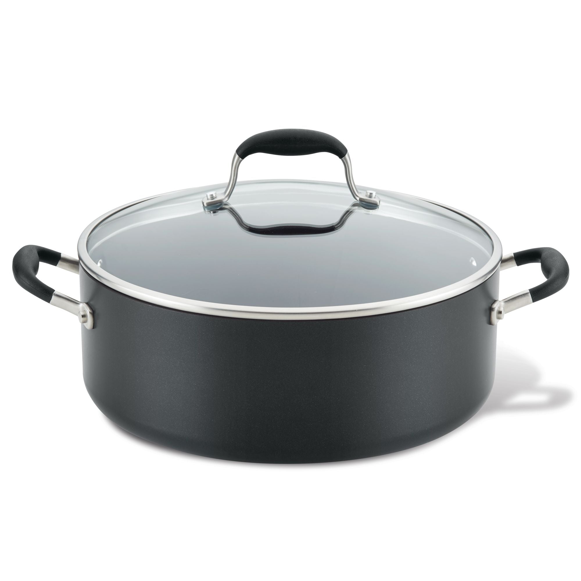 The Advanced Home 7.5-Quart Stockpot, featuring a wide design and black non-stick finish, offers excellent heat distribution. It includes two side handles and comes with a glass lid accented by a black handle on top, all showcased elegantly against a plain white background.