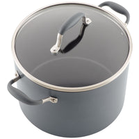 The 10-Quart Stockpot from Advanced Home features a sleek, gray nonstick design with a glass lid and two side handles. The sturdy handle on the lid complements the pot's design for optimal heat distribution on the stove, making this modern wide stockpot perfect for a variety of cooking tasks.