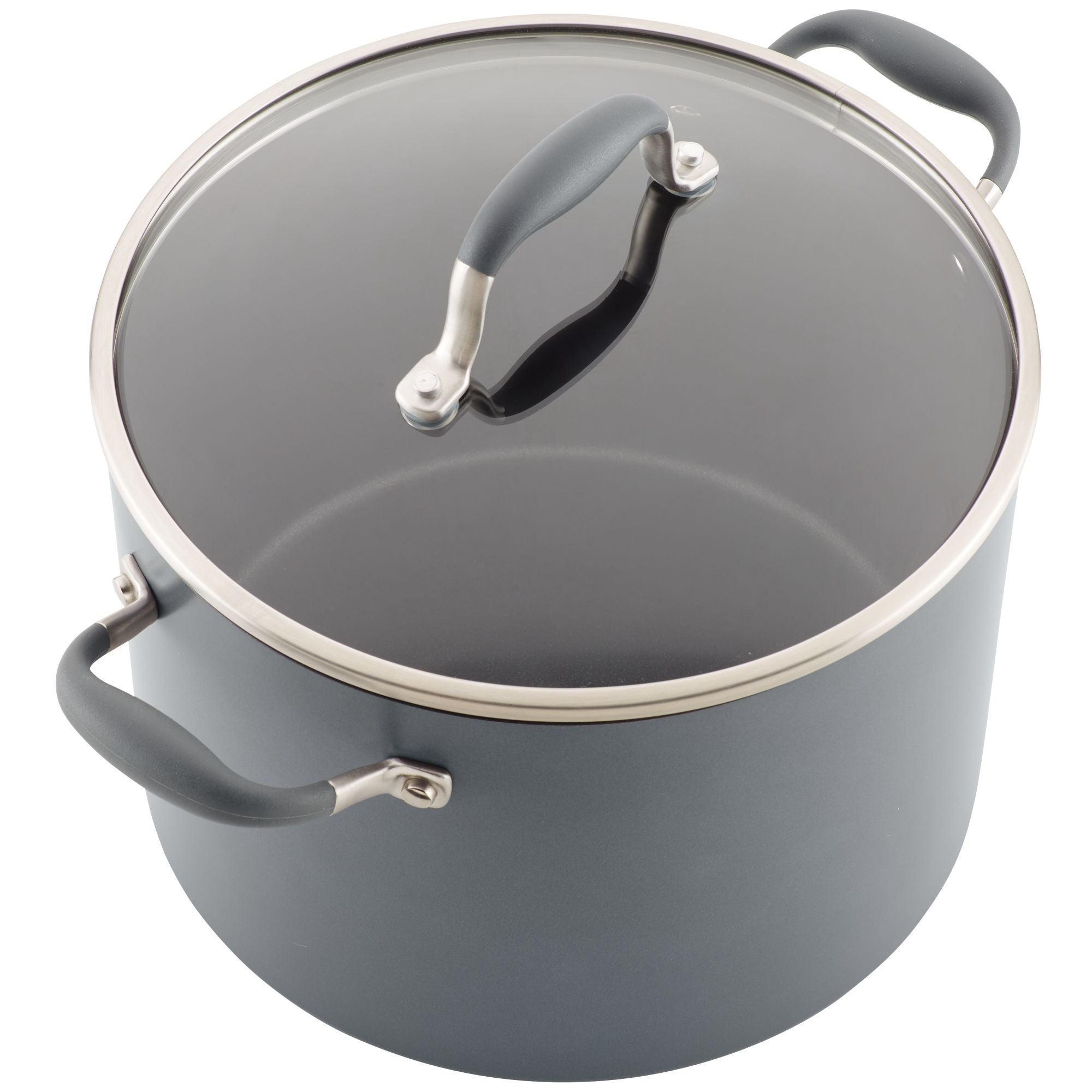 The 10-Quart Stockpot from Advanced Home features a sleek, gray nonstick design with a glass lid and two side handles. The sturdy handle on the lid complements the pot's design for optimal heat distribution on the stove, making this modern wide stockpot perfect for a variety of cooking tasks.