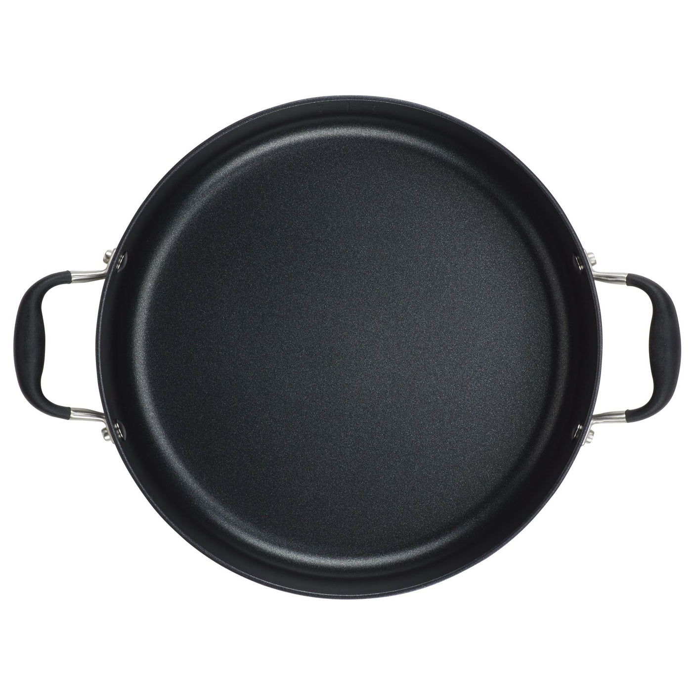 An overhead view of the large black Advanced Home 7.5-Quart Stockpot, featuring dual riveted handles for secure grip on each side. Its smooth, round interior is designed to provide excellent heat distribution, making it ideal for a wide range of cooking needs.