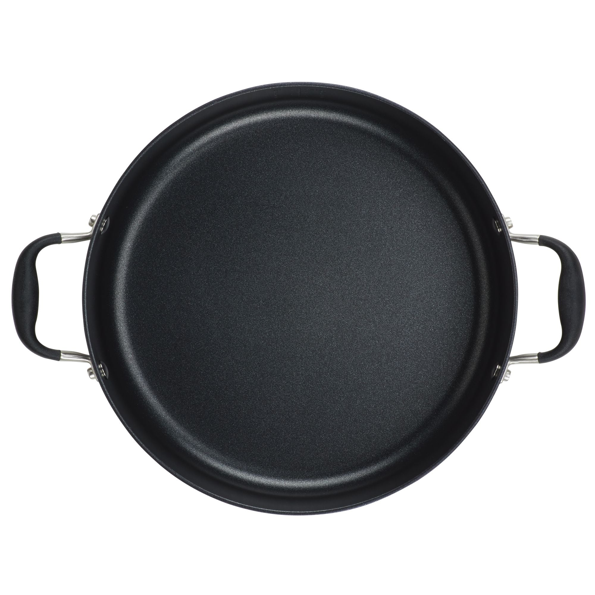 An overhead view of the large black Advanced Home 7.5-Quart Stockpot, featuring dual riveted handles for secure grip on each side. Its smooth, round interior is designed to provide excellent heat distribution, making it ideal for a wide range of cooking needs.