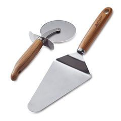 The Teak Pizza Cutter and Server Set by Tools and Gadgets, featuring a pizza cutter with a teak wood handle and matching metal pizza server, both equipped with stainless steel blades, is elegantly displayed on a white background.