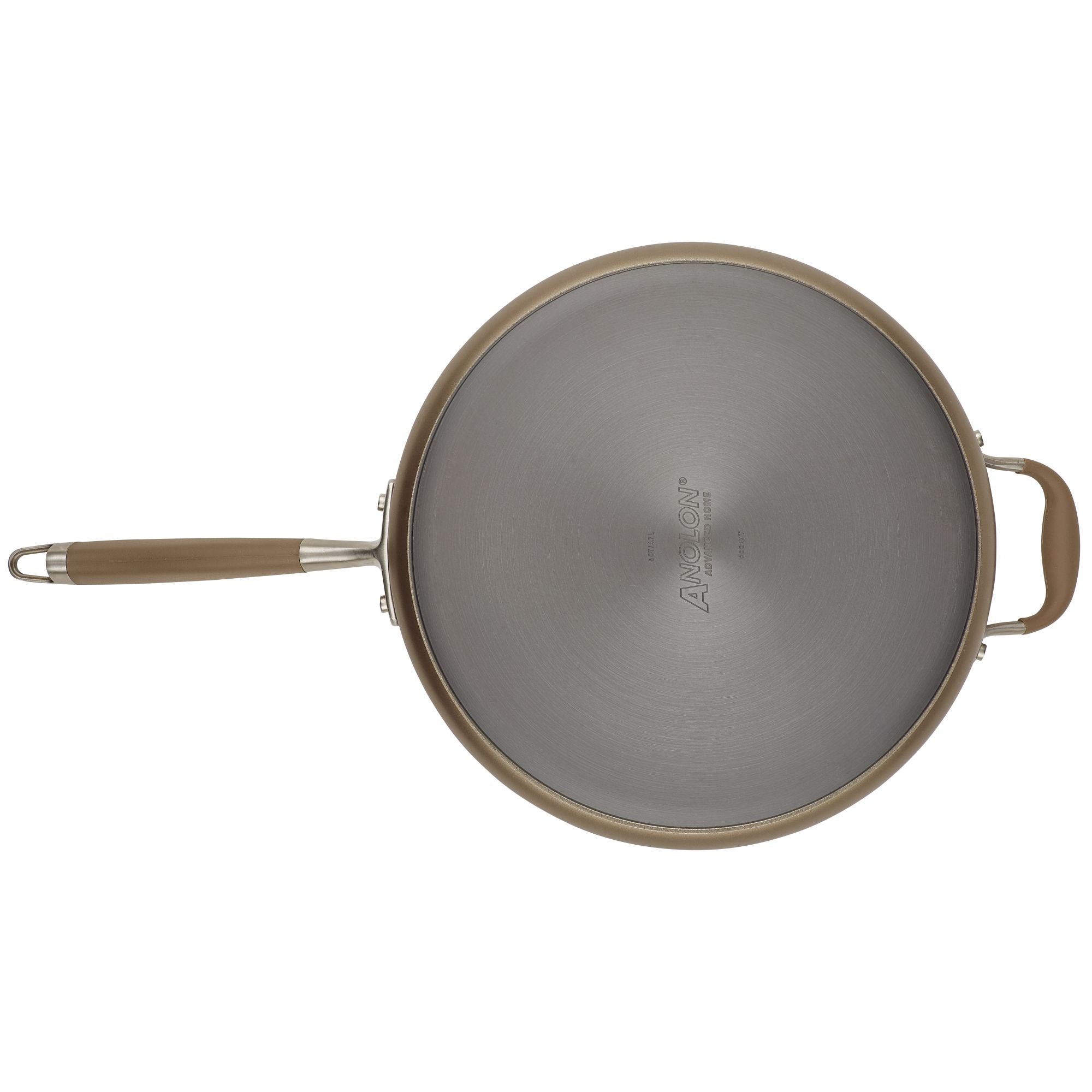 Top view of the round, nonstick Advanced Home 5-Quart Sauté Pan with Helper Handle, featuring a long handle on one side and a short helper handle on the other. A glass lid fits perfectly, making it ideal for versatile cooking needs.