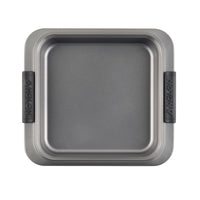 A square gray baking pan with rounded edges and two black handles, featured in the Advanced 5-Piece Bakeware Set, is ideal for baking bar cookies. Its smooth, non-stick surface ensures easy release, making it an essential addition to any bakeware collection.
