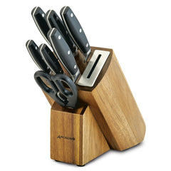 The 8-Piece Japanese Steel Knife Block Set by Cutlery includes five knives with black handles, kitchen scissors, and a built-in sharpener for optimal cutting. The wooden block features an elegantly branded logo at the base.