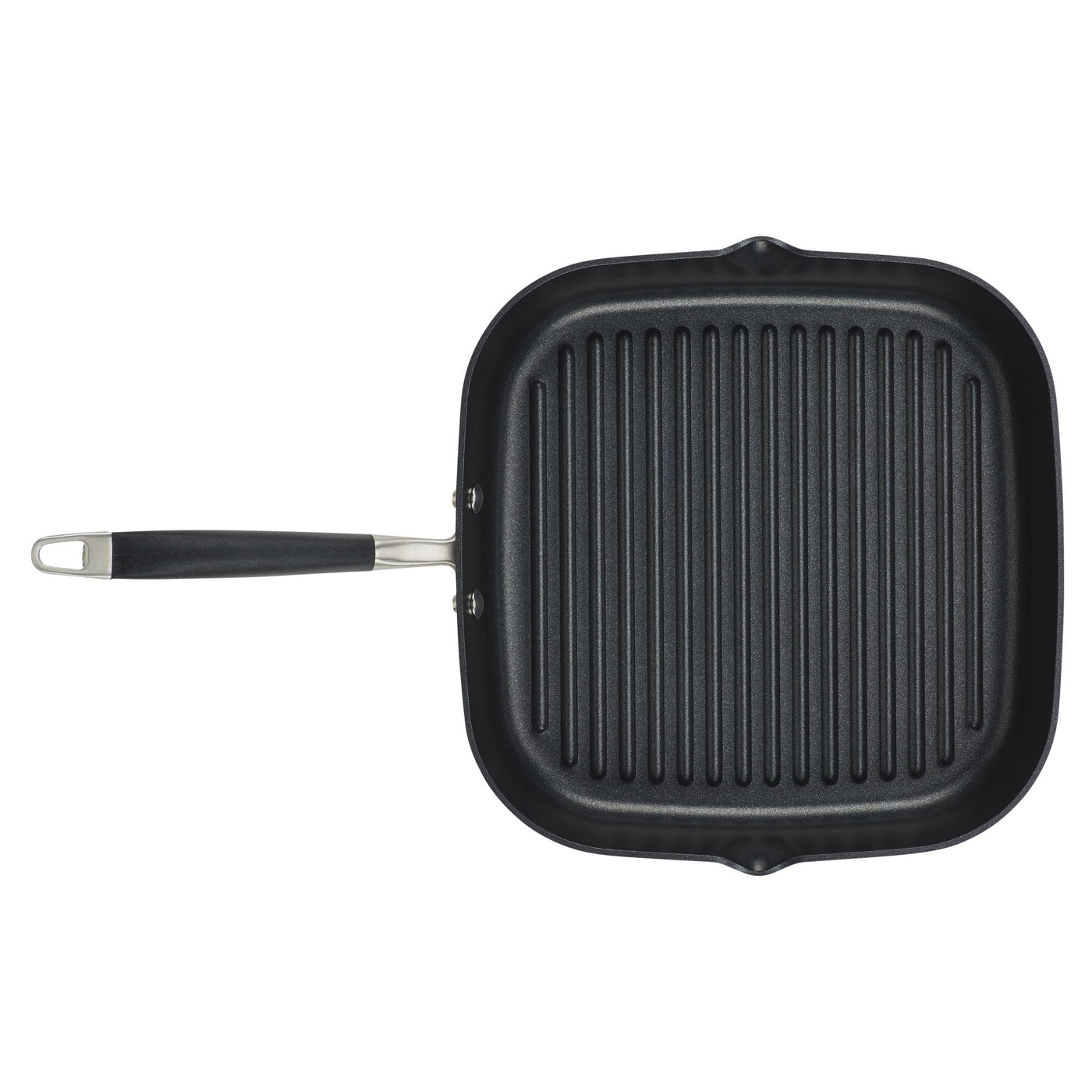 An 11-Inch Deep Square Grill Pan from Advanced Home, featuring a black finish with a nonstick ridged cooking surface and a metal handle equipped with a hanging hole, is displayed from a top-down perspective on a plain white background.