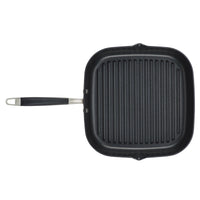 An 11-Inch Deep Square Grill Pan from Advanced Home, featuring a black finish with a nonstick ridged cooking surface and a metal handle equipped with a hanging hole, is displayed from a top-down perspective on a plain white background.