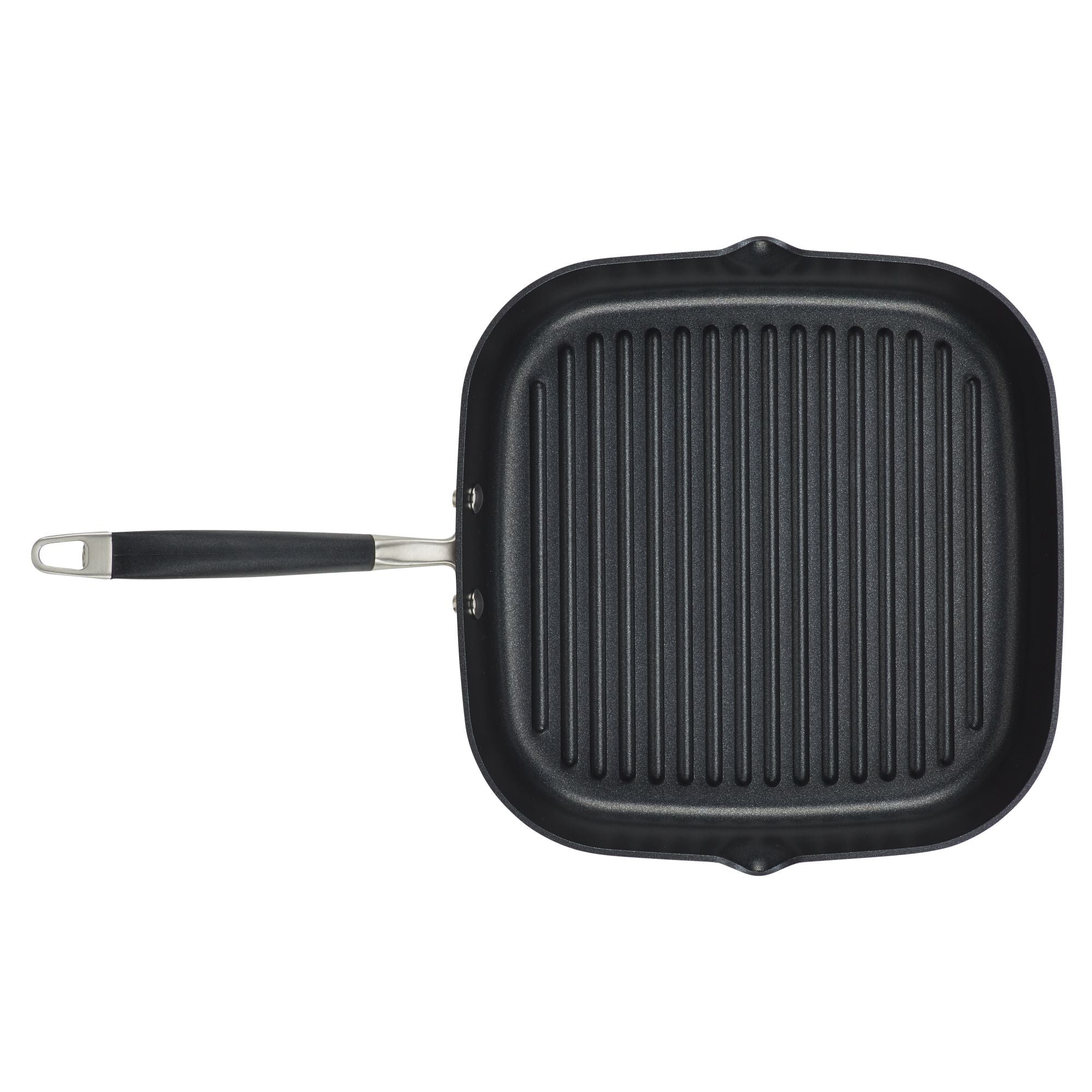An 11-Inch Deep Square Grill Pan from Advanced Home, featuring a black finish with a nonstick ridged cooking surface and a metal handle equipped with a hanging hole, is displayed from a top-down perspective on a plain white background.