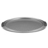 Introducing the Advanced 13-Inch Pizza Crisper— a round, non-stick pan with perforations for optimal airflow. It features two black handles on opposite sides for easy handling. Its sleek metallic surface is designed for even baking and is oven safe.