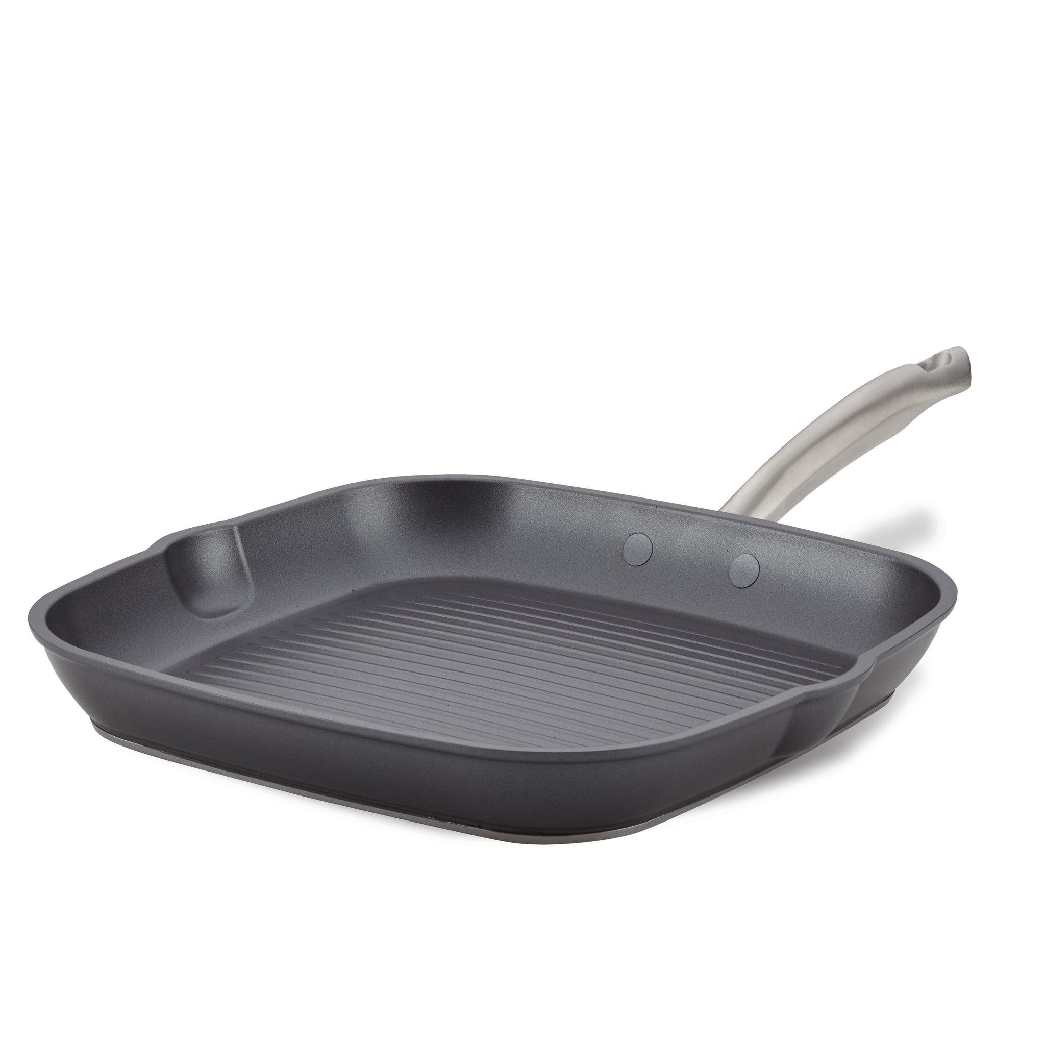 Introducing the Accolade 11-Inch Square Grill Pan: a non-stick pan designed with raised ridges and an extended stainless steel handle. This dark gray grill pan is crafted from top-quality materials, making it ideal for stovetop grilling.
