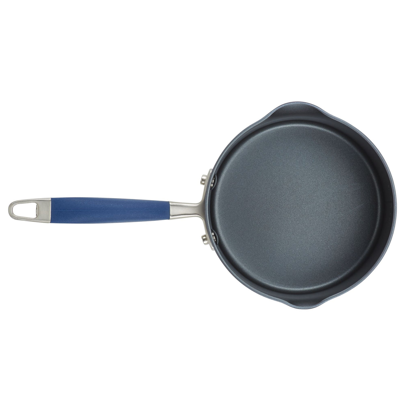 Seen from above, the Advanced Home 2-Quart Straining Saucepan features a round shape with hard-anodized construction. It includes nonstick surfaces, dual pouring spouts, and a blue handle secured by silver rivets.